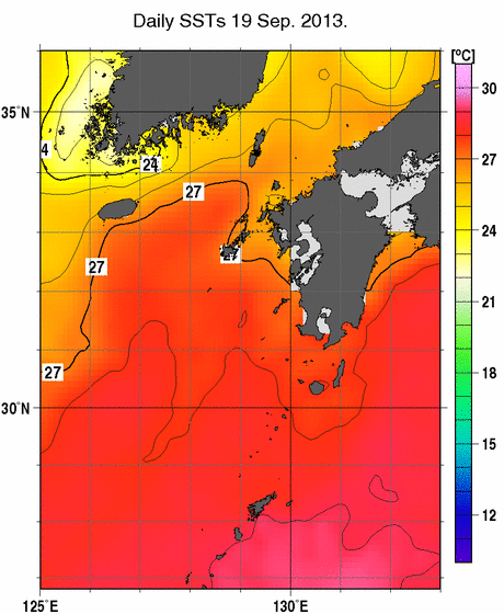 九州・山口県周辺海域の海面水温分布図（9月19日）
