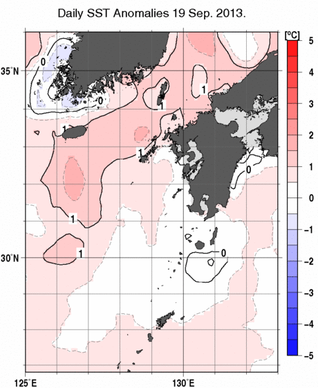 九州・山口県周辺海域の海面水温平年差分布図（9月19日）