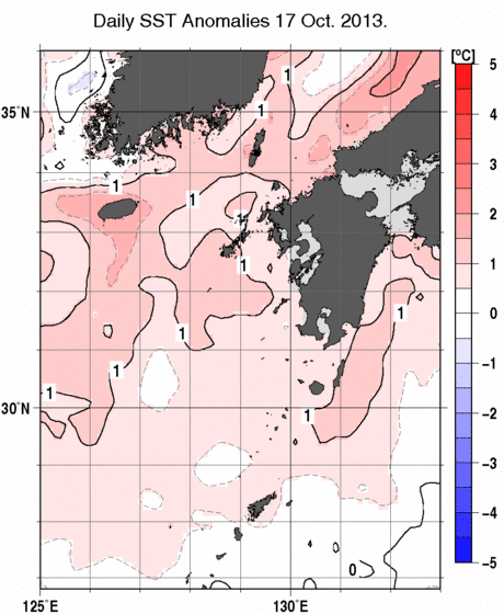 九州・山口県周辺海域の海面水温平年差分布図（10月17日）