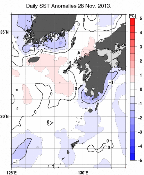 九州・山口県周辺海域の海面水温平年差分布図（11月28日）