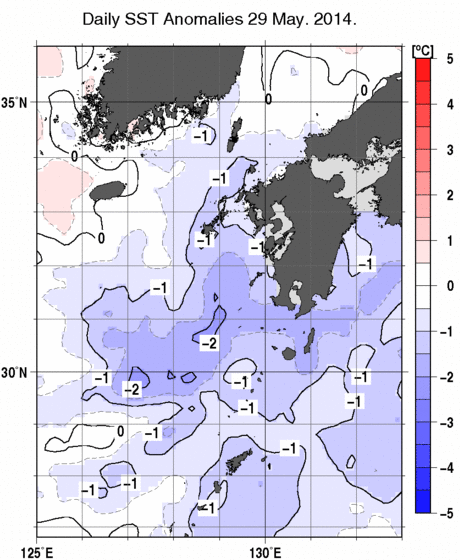九州・山口県周辺海域の海面水温平年差分布図（5月29日）