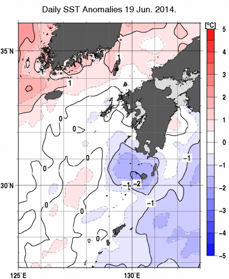 九州・山口県周辺海域の海面水温平年差分布図（6月19日）