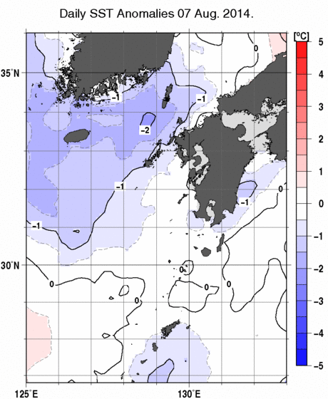 九州・山口県周辺海域の海面水温平年差分布図（8月7日）
