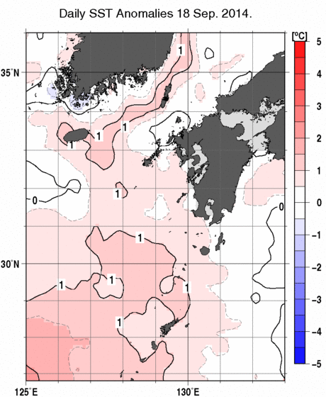九州・山口県周辺海域の海面水温平年差分布図（9月18日）