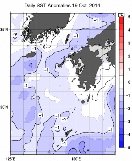 九州・山口県周辺海域の海面水温平年差分布図（10月19日）