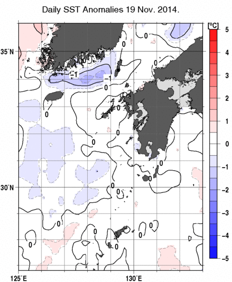 九州・山口県周辺海域の海面水温平年差分布図（11月19日）