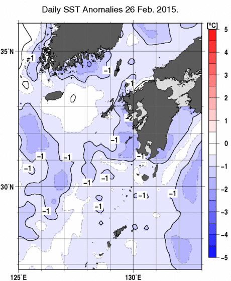 九州・山口県周辺海域の海面水温平年差分布図（2月26日）