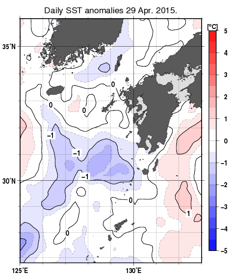 九州・山口県周辺海域の海面水温平年差分布図（4月29日）