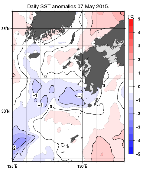 九州・山口県周辺海域の海面水温平年差分布図（5月7日）