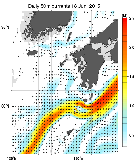九州・山口県周辺海域の深さ50mの海流分布図（6月18日）