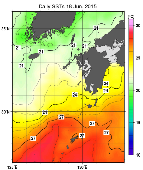 九州・山口県周辺海域の海面水温分布図（6月18日）