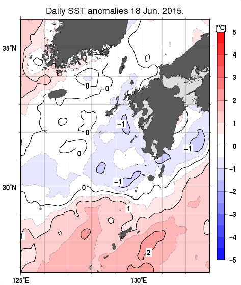 九州・山口県周辺海域の海面水温平年差分布図（6月18日）