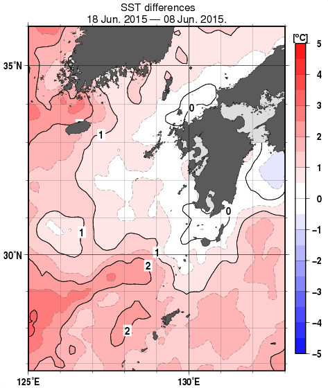 九州・山口県周辺海域の10日間の海面水温変化量分布図（6月18日）