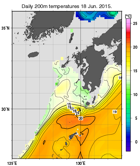 九州・山口県周辺海域の深さ200mの水温分布図（6月18日）