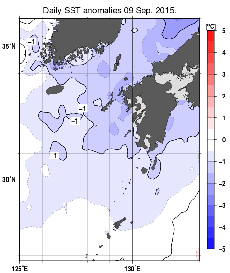 九州・山口県周辺海域の海面水温平年差分布図（9月9日）
