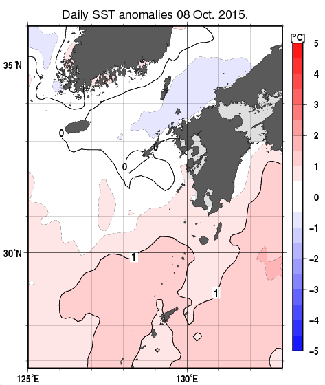 九州・山口県周辺海域の海面水温平年差分布図（10月8日）