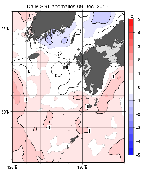 九州・山口県周辺海域の海面水温平年差分布図（12月9日）