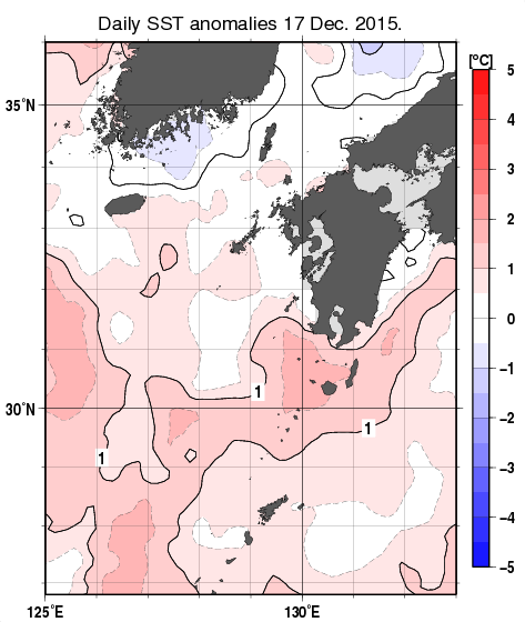 九州・山口県周辺海域の海面水温平年差分布図（12月17日）