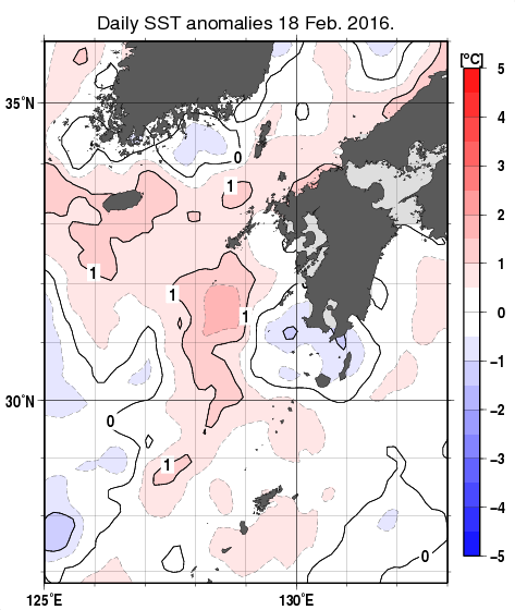 九州・山口県周辺海域の海面水温平年差分布図（2月18日）