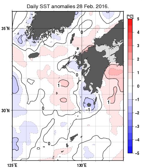 九州・山口県周辺海域の海面水温平年差分布図（2月28日）