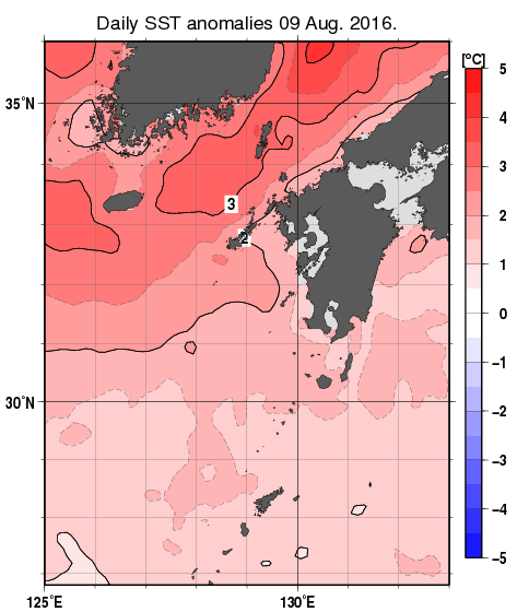 九州・山口県周辺海域の海面水温平年差分布図（8月9日）