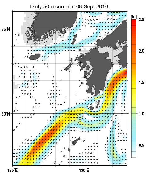 九州・山口県周辺海域の深さ50mの海流分布図（9月8日）