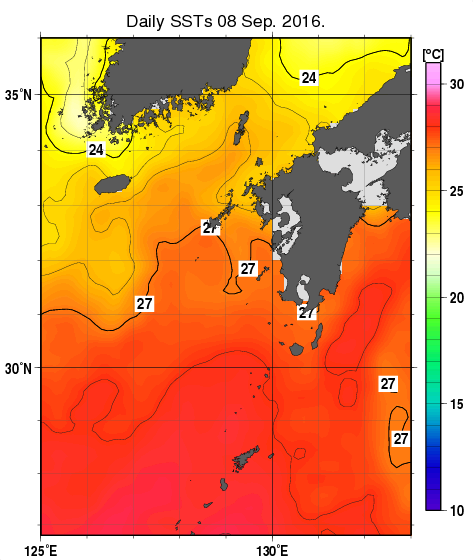 九州・山口県周辺海域の海面水温分布図（9月8日）