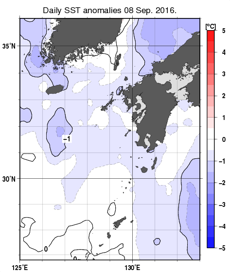 九州・山口県周辺海域の海面水温平年差分布図（9月8日）