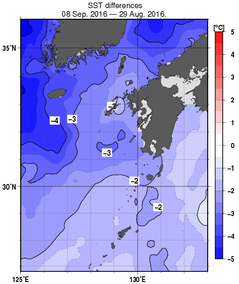 九州・山口県周辺海域の10日間の海面水温変化量分布図（9月8日）
