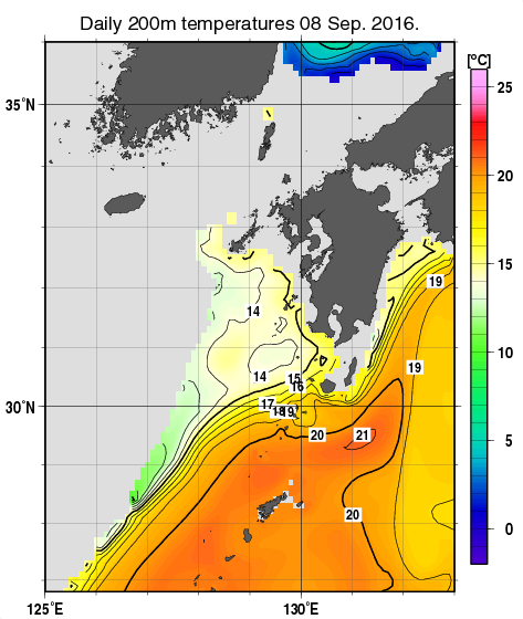 九州・山口県周辺海域の深さ200mの水温分布図（9月8日）
