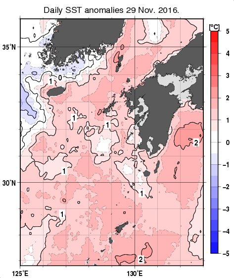 九州・山口県周辺海域の海面水温平年差分布図（11月29日）
