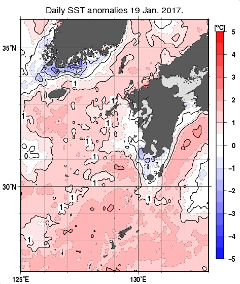 九州・山口県周辺海域の海面水温平年差分布図（1月19日）