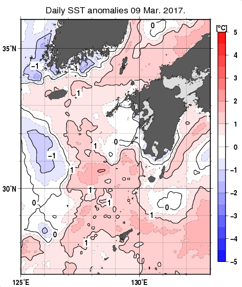 九州・山口県周辺海域の海面水温平年差分布図（3月9日）