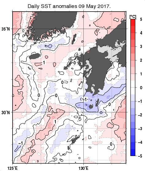 九州・山口県周辺海域の海面水温平年差分布図（5月9日）