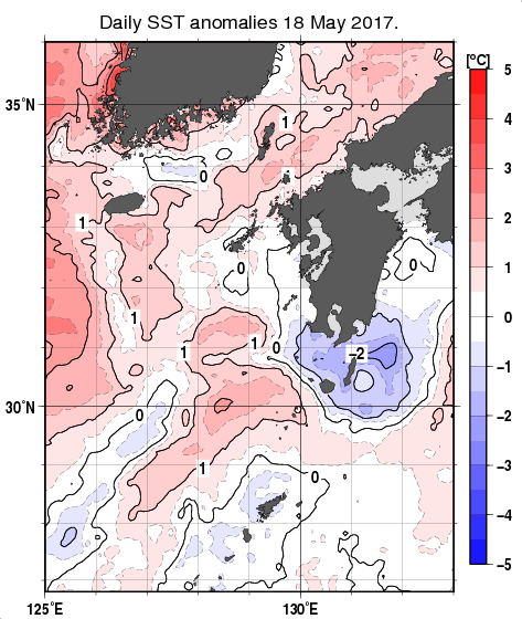 九州・山口県周辺海域の海面水温平年差分布図（5月18日）