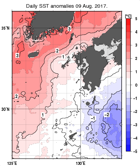 九州・山口県周辺海域の海面水温平年差分布図（8月9日）
