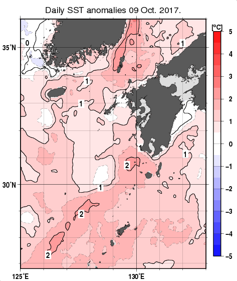 九州・山口県周辺海域の海面水温平年差分布図（10月9日）