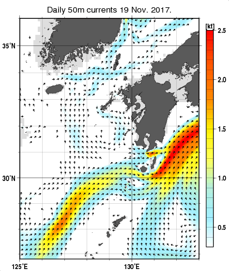 九州・山口県周辺海域の深さ50mの海流分布図（11月19日）