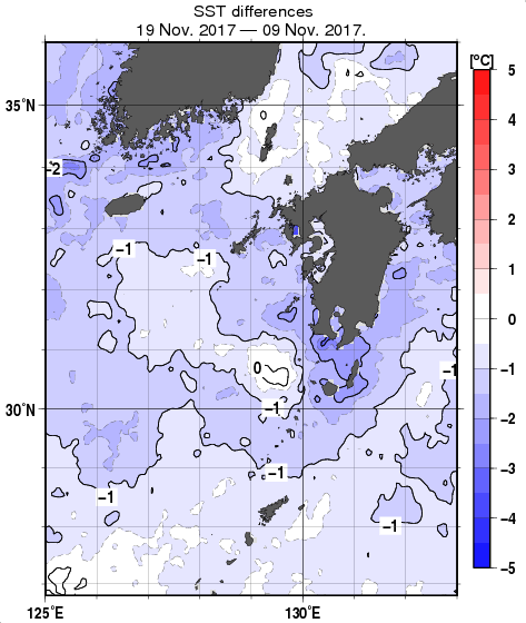 九州・山口県周辺海域の10日間の海面水温変化量分布図（11月19日）