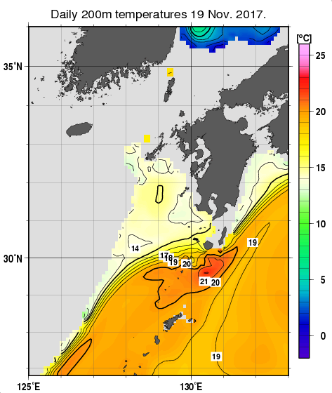九州・山口県周辺海域の深さ200mの水温分布図（11月19日）