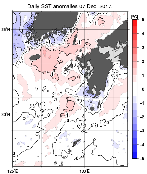 九州・山口県周辺海域の海面水温平年差分布図（12月7日）