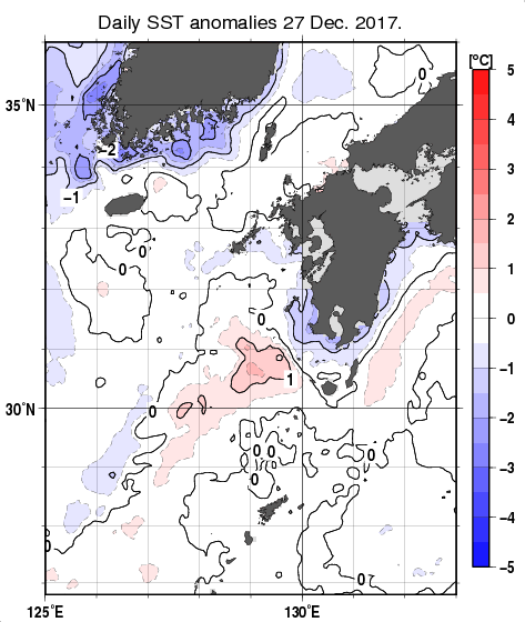 九州・山口県周辺海域の海面水温平年差分布図（12月27日）