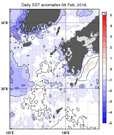 九州・山口県周辺海域の海面水温平年差分布図（2月8日）