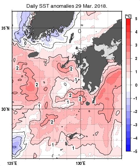 九州・山口県周辺海域の海面水温平年差分布図（3月29日）