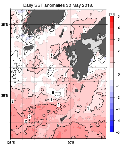 九州・山口県周辺海域の海面水温平年差分布図（5月30日）