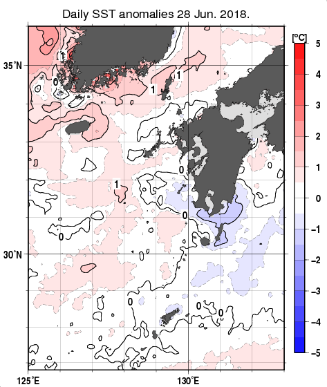 九州・山口県周辺海域の海面水温平年差分布図（6月28日）