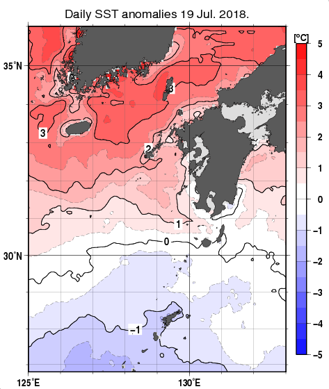 九州・山口県周辺海域の海面水温平年差分布図（7月19日）