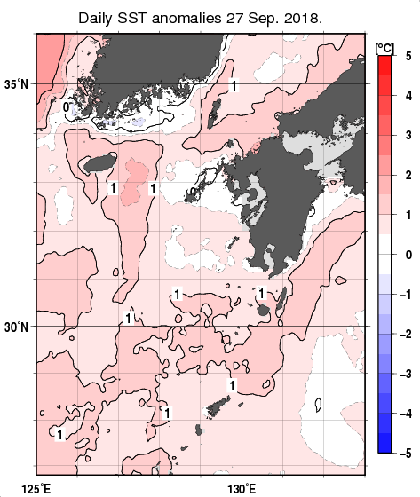 九州・山口県周辺海域の海面水温平年差分布図（9月27日）