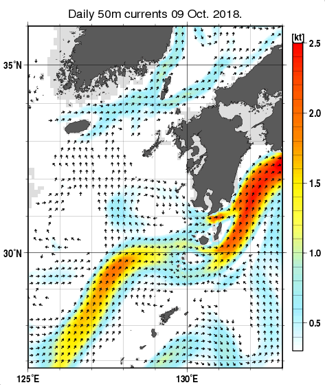 九州・山口県周辺海域の深さ50mの海流分布図（10月9日）