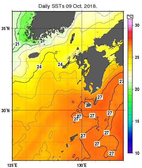 九州・山口県周辺海域の海面水温分布図（10月9日）